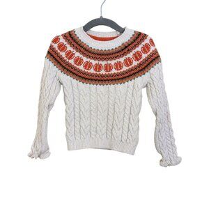 Cynthia Rowley Girls XS 4 Sweater Pumpkin Print Beige Cable Knit Sparkle Ruffle